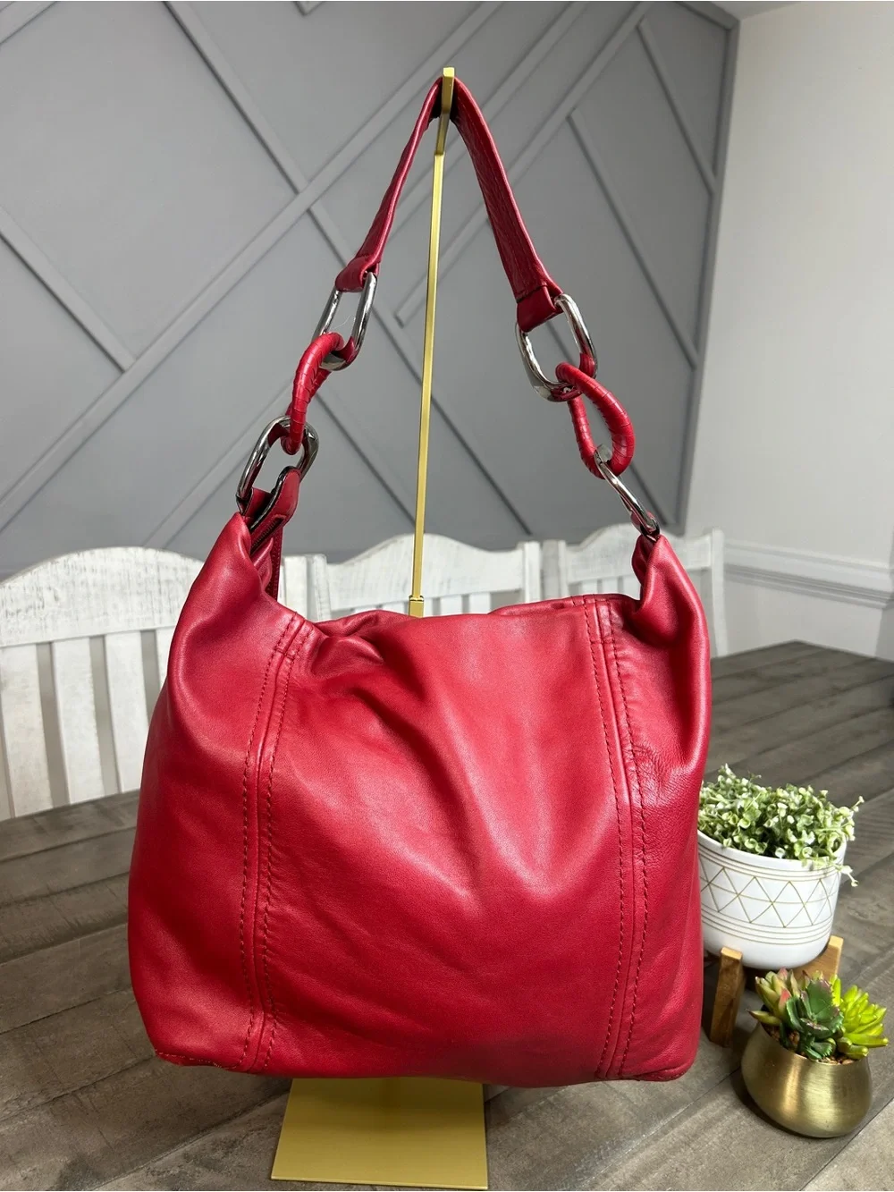 Michael Kors Red Leather Slouchy Hobo Shoulder Bag Silver Chain Accent